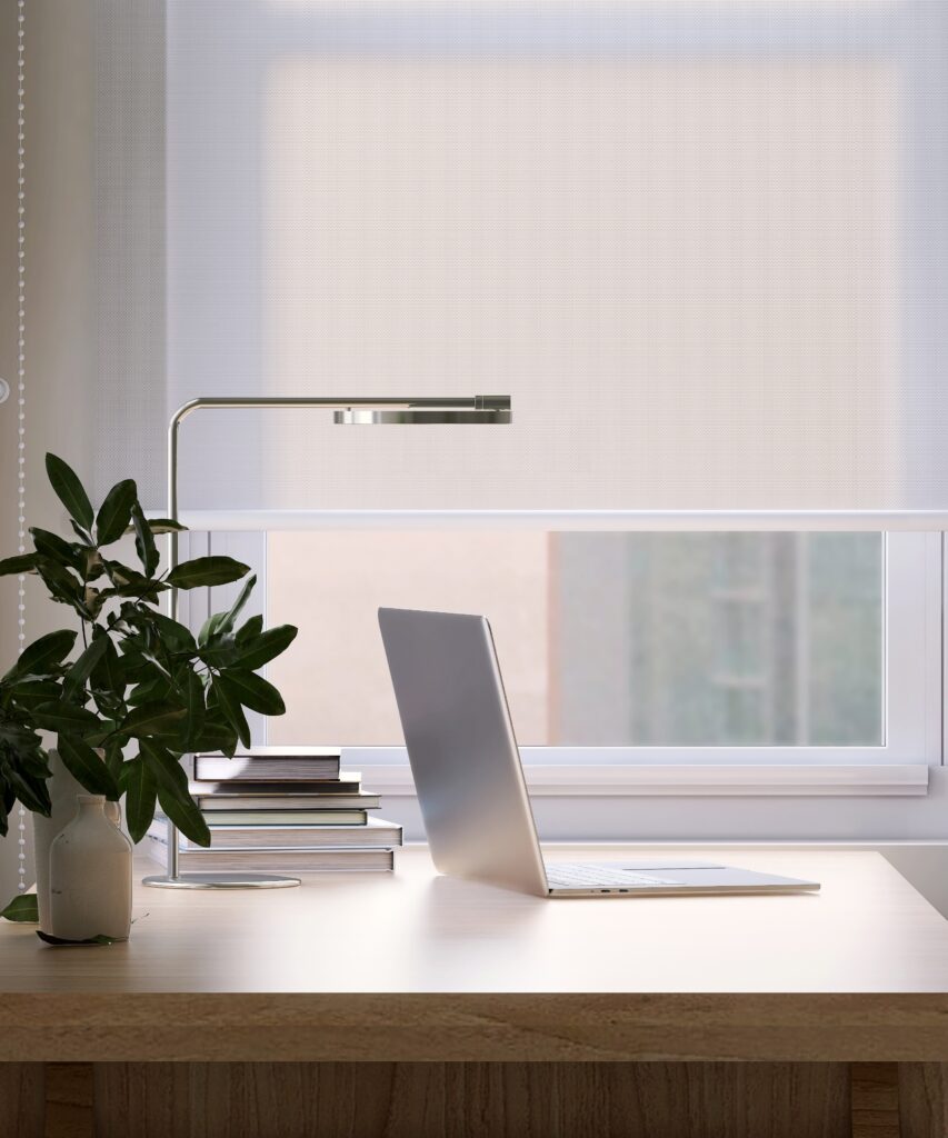 Light-filtering roller blind in a modern Adelaide home office with desk, laptop, and indoor plant.