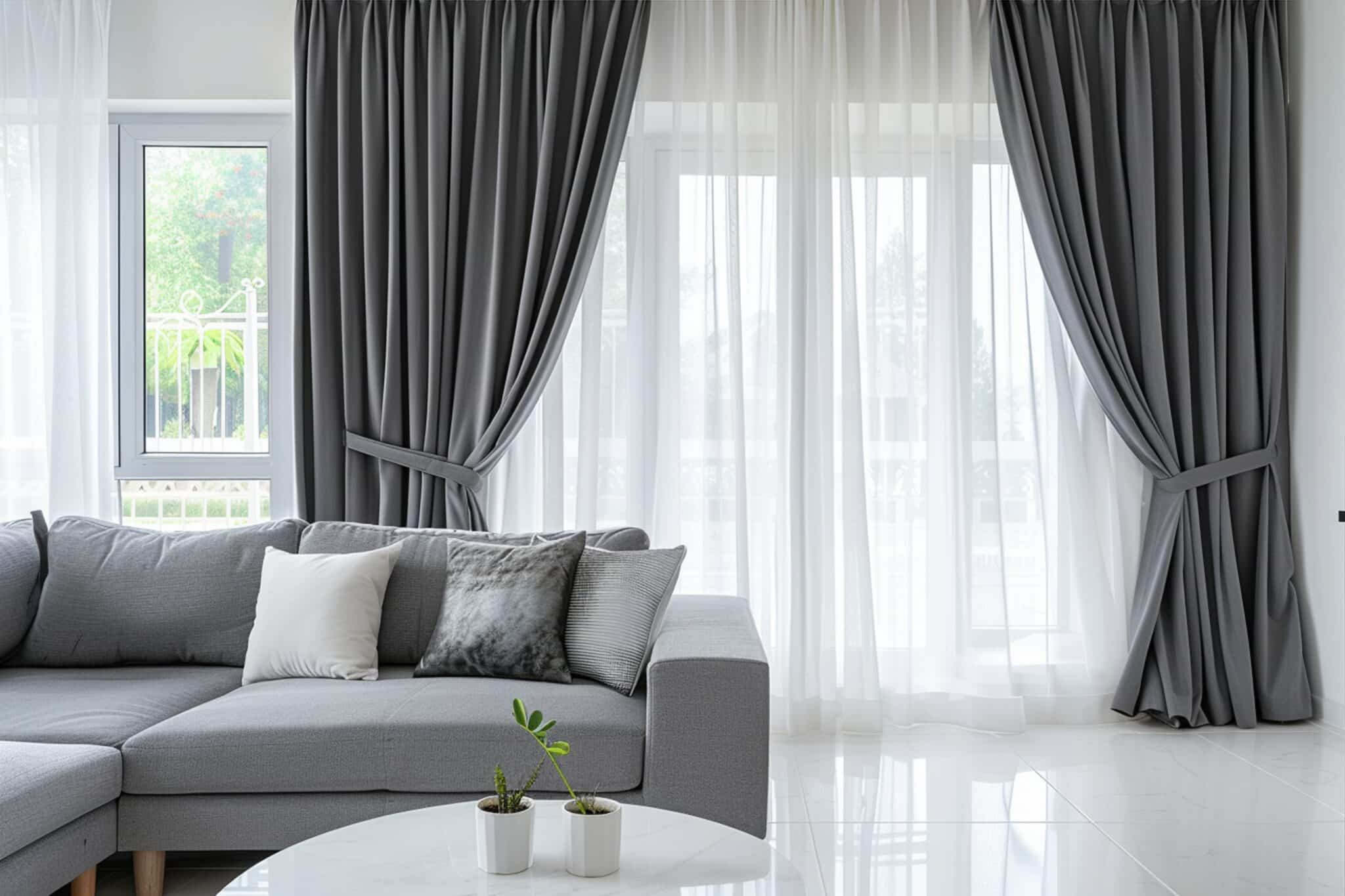 Custom grey curtains in a bright Adelaide living room with natural daylight and white sheer drapes