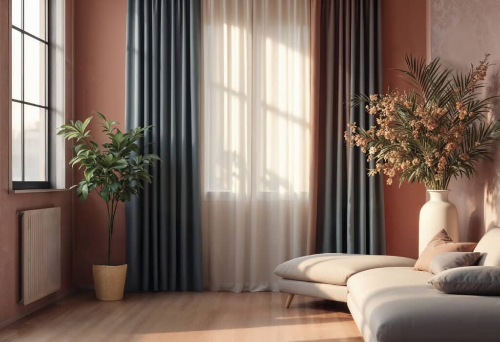 Designer custom curtains with warm earthy tones in an Adelaide living room with natural light