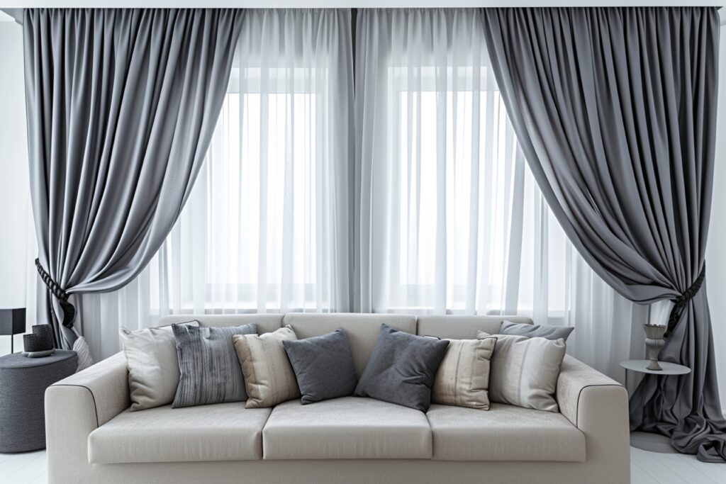 Elegant grey custom curtains tied back in a bright Adelaide lounge room