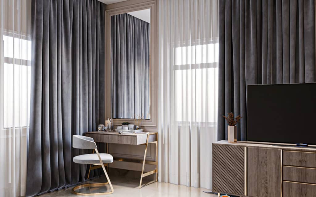 Luxury velvet custom curtains in an Adelaide home office with a dressing desk and mirror
